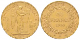 Troisième République 1870-1940
50 Francs, Paris, 1904 A, AU 16.12 g. 
Ref : G.1113, Fr. 591 
Conservation : PCGS MS62