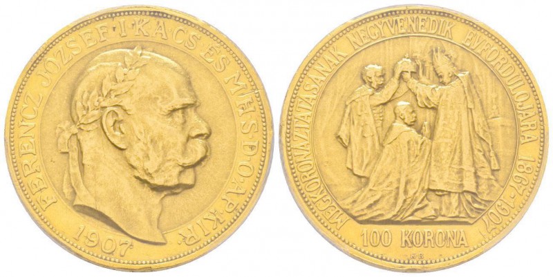Hungary, Franz Joseph 1848-1916
100 Korona, 1907 KB, AU 33.87 g.
Ref : Fr.256, K...