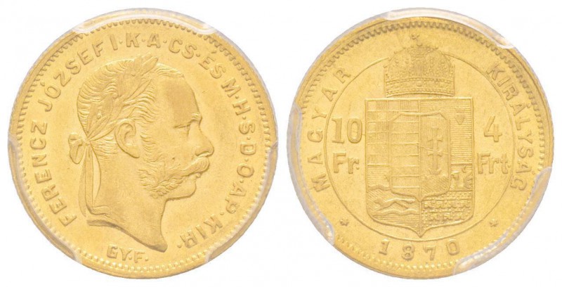 Hungary, Franz Joseph 1848-1916
4 Florins, 1870 GYF, AU 3.22 g. 
Ref: Fr. 241
Co...