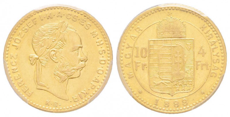 Hungary, Franz Joseph 1848-1916
4 Florins, 1888 KB, AU 3.22 g. 
Ref: Fr. 248
Con...