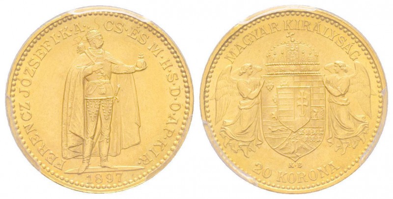Hungary, Franz Joseph 1848-1916
20 Korona, 1897 KB, AU 6.77 g. Ref : Fr. 250, KM...