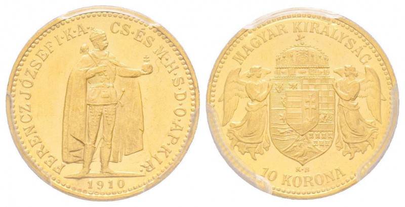 Hungary, Franz Joseph 1848-1916
10 Korona, 1910 KB, AU 3.39 g. Ref : Fr. 252, KM...