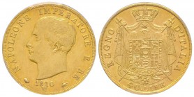 Milano, Napoleone I, Re d'Italia (1805-1814)
40 Lire, 1810 M (1 sur 0) , AU 12.9 g.
Ref: Fr.5
Conservation: PCGS AU53