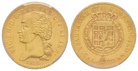 Vittorio Emanuele I 1802-1821
20 lire, Torino, 1816, AU 6.45 g.
Ref : MIR 1028a (R2), Pag. 4, Fr. 1129 
Conservation : PCGS AU55. Rare