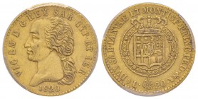 Vittorio Emanuele I 1802-1821
20 lire, Torino, 1820, AU 6.45 g.
Ref : MIR 1028c (R), Pag. 6, Fr. 1129 
Conservation : PCGS AU53