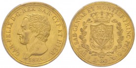 Carlo Felice 1821-1831
80 lire, Torino, 1825 (L), AU 25.8 g.
Ref : MIR 1032e, Pag. 26, Fr. 1132 Conservation : PCGS AU58
