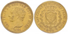 Carlo Felice 1821-1831
80 lire, Torino, 1826 (L), AU 25.8 g.
Ref : MIR 1032e, Pag. 26, Fr. 1132 Conservation : PCGS AU55