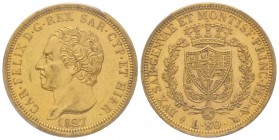 Carlo Felice 1821-1831
80 lire, Torino, 1827 (L), AU 25.8 g.
Ref : MIR 1032e, Pag. 26, Fr. 1132 Conservation : PCGS AU55