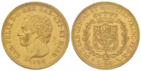 Carlo Felice 1821-1831
80 lire, Torino, 1828 (L), AU 25.8 g.
Ref : MIR 1032e, Pag. 26, Fr. 1132 Conservation : PCGS AU58