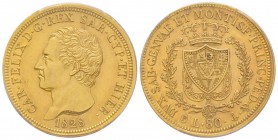Carlo Felice 1821-1831
80 lire, Genova, 1828 (P), AU 25.8 g.
Ref : MIR.1032i, Pag.31, Fr.1133 Conservation : PCGS AU55