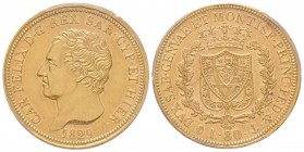 Carlo Felice 1821-1831
80 lire, Genova, 1829 (P), AU 25.8 g.
Ref : MIR.1032i, Pag.31, Fr.1133 Conservation : PCGS AU55