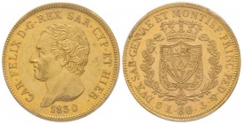 Carlo Felice 1821-1831
80 lire, Genova, 1830 (P), AU 25.8 g.
Ref : MIR.1032i, Pag.31, Fr.1133 Conservation : PCGS AU58