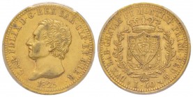 Carlo Felice 1821-1831
40 lire, Torino, 1825 (L), AU 12.9 g.
Ref : MIR.1033c (R), Pag.42, Fr.1134
Conservation : PCGS AU55