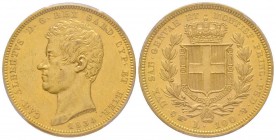 Carlo Alberto 1831-1849
100 lire, Torino, 1834, AU 32.15 g.
Ref : MIR.1043g, Mont.7, Pa g.141, Fr.1138, C#117.2
Conservation : PCGS AU55