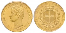 Carlo Alberto 1831-1849
20 lire, Genova, 1849 (P), AU 6.45 g.
Ref : MIR 1045ac, Pag. 208, Fr. 1143 Conservation : PCGS MS63. Magnifique exemplaire.