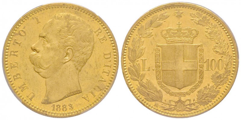 Umberto I 1878-1900
100 lire, Roma, 1883 R, AU 32.25 g.
Ref : MIR 1096c (R),Pag....