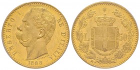 Umberto I 1878-1900
50 lire, Roma, 1888 R, AU 16.12 g.
Ref : MIR 1097b (R2), Pag. 573, Fr. 19 
Conservation : PCGS MS62+
Quantité : 2.125 exemplaires....
