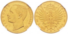 Vittorio Emanuele III 1900-1943
100 lire, Rome, 1903R, AU 32.25g.
Ref : MIR.1114c (R2), Pag.639, Fr.22
Conservation : NGC MS61. Très Rare.
Quantité : ...