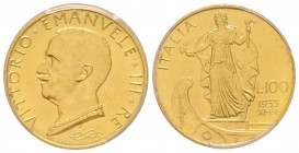 Vittorio Emanuele III 1900-1943
100 lire, Roma, 1933 R, AU 8.8 g.
Ref : Fr.33
Conservation: PCGS MS62