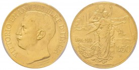 Vittorio Emanuele III 1900-1943
50 lire, Roma, 1911 R, AU 16.13 g.
Ref : MIR 1122a Pag. 656, Fr. 25 Conservation : PCGS MS63
