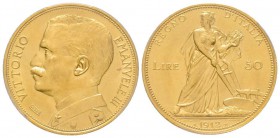 Vittorio Emanuele III 1900-1943
50 lire, Roma, 1912 R, AU 16.13 g.
Ref : MIR 1121b, Pag. 653, Fr. 27 Conservation : PCGS MS63