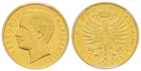 Vittorio Emanuele III 1900-1943
20 lire, Roma, 1903 R, AU 6.45 g.
Ref : Fr.24
Conservation: PCGS MS61
