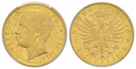 Vittorio Emanuele III 1900-1943
20 lire, Roma, 1905 R, AU 6.45 g.
Ref : MIR 1125d, Pag. 664, Fr. 24 
Conservation : PCGS MS63