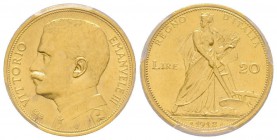 Vittorio Emanuele III 1900-1943
20 lire, Roma, 1912 R, AU 6.45 g.
Ref : MIR 1126b, Pag. 667, Fr. 28 
Conservation : PCGS MS63