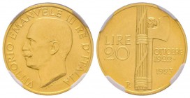 Vittorio Emanuele III 1900-1943 
20 lire, Roma, 1923 R, AU 6.42 g. 
Ref : MIR.1127a Mont.55, Pa g.670, Fr.31, KM#64
Conservation: NGC MS63