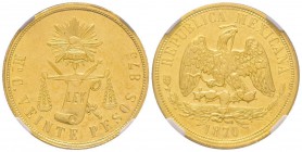 Mexico 
20 Pesos, 1870 Mo C, AU 33.84 g. 875‰ 
Ref : Fr. 119, KM#414.6 
Conservation: NGC MS62