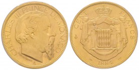 Monaco, Charles III 1856-1889
100 Francs, 1884 A, AU 32.25 g. Tranche striée
Ref : G. MC122, Fr. 11
Conservation : PCGS MS63