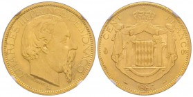 Monaco, Charles III 1856-1889
100 Francs, 1886 A, AU 32.25 g. Tranche striée
Ref : G. MC122, Fr. 11
Conservation : NGC MS63