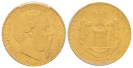 Monaco, Charles III 1856-1889
20 francs, 1878 A, AU 6.45 g.
Ref : G. MC120, Fr.12
Conservation : PCGS AU58