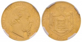 Monaco, Charles III 1856-1889
20 Francs, 1879 A, ancre barrée, AU 6.45 g.
Ref : G. MC120, Fr.12
Conservation : NGC AU58