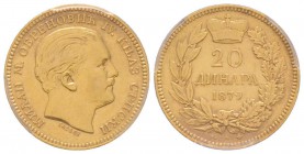 Serbia
20 Dinara, 1879 A, AU 6.45 g. 900‰
Ref : Fr. 3, KM#14 Conservation : PCGS AU58