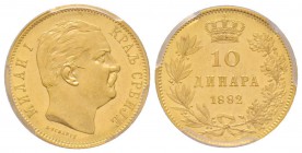 Serbia
10 Dinara, 1882 V, AU 3.22 g.
Ref : Fr. 5, KM#16 Conservation : PCGS MS62