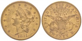 USA
20 Dollars, San Francisco, 1874 S, AU 33.43 g.
Ref : KM#74.2, Fr.175
Conservation : PCGS AU55