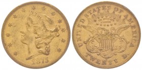 USA
20 Dollars, San Francisco, 1875 S, AU 33.43 g.
Ref : KM#74.2, Fr.175
Conservation : PCGS AU55