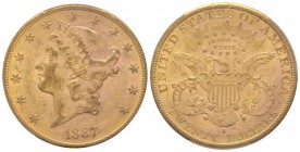 USA
20 Dollars, San Francisco, 1887 S, AU 33.43 g.
Ref : KM#74.3, Fr.178
Conservation : PCGS MS60