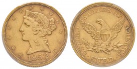 USA
5 Dollars, Philadephia, 1852, AU 8.28 g.
Ref : Fr. 143
Conservation : PCGS AU53