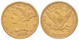 USA
5 Dollars, Philadephia, 1880, AU 8.28 g.
Ref : Fr. 143
Conservation : PCGS AU58