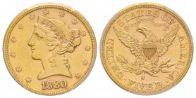 USA
5 Dollars, San Francisco, 1880 S, AU 8.28 g.
Ref : Fr. 145
Conservation : PCGS AU58