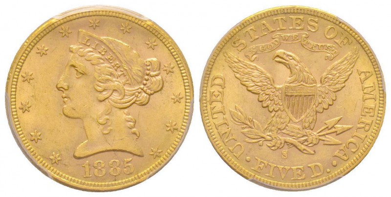 USA
5 Dollars, San Francisco, 1885 S, AU 8.28 g.
Ref : Fr. 145
Conservation : PC...