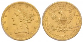 USA
5 Dollars, Philadephia, 1907, AU 8.28 g.
Ref : Fr. 143
Conservation : PCGS MS62
