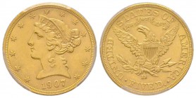 USA
5 Dollars, Denver, 1907 D, AU 8.28 g.
Ref : Fr. 147
Conservation : PCGS MS62