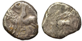 SYRIA, Cyrrhestica. Bambyke–Manbog. Stater (silver, 7.23 g, 20 mm). Female seated on lion, left, hand raised; symbol to right. Rev. Baaltars on throne...
