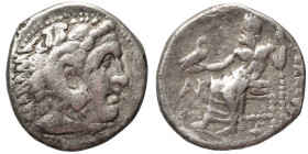 KINGS of MACEDON. Alexander III the Great, 336-323 BC. Drachm (silver, 3.24 g, 17 mm). Head of Herakles to right, wearing lion skin headdress. Rev. ΑΛ...