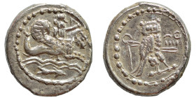 PHOENICIA. Tyre. ‘Uzzimilk, circa 349-332 BC. Shekel (silver, 8.39 g, 21 mm). Deity, holding reins in his right hand and bow in his left, riding hippo...