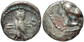 PHOENICIA. Tyre. Circa 425-394 BC. 1/24 Shekel (silver, 0.38 g, 8 mm). Hippocamp to right; below, dolphin right. Rev. Owl standing right, head facing;...