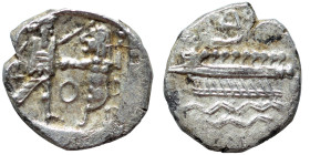 PHOENICIA. Sidon. Ba'alšillem II, circa 401-366 BC. 1/16 Shekel (silver, 0.77 g, 10 mm). Phoenician galley left, waves below. Rev. Persian king or her...